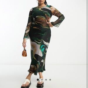 ASOS DESIGN Curve chiffon long sleeve midi dress in marble print